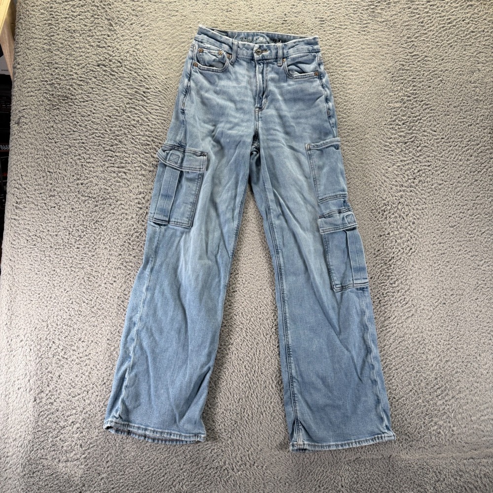 American Eagle Outfitters Jeans Womens 0 Blue Cotton Denim Wide-Leg Baggy Curvy